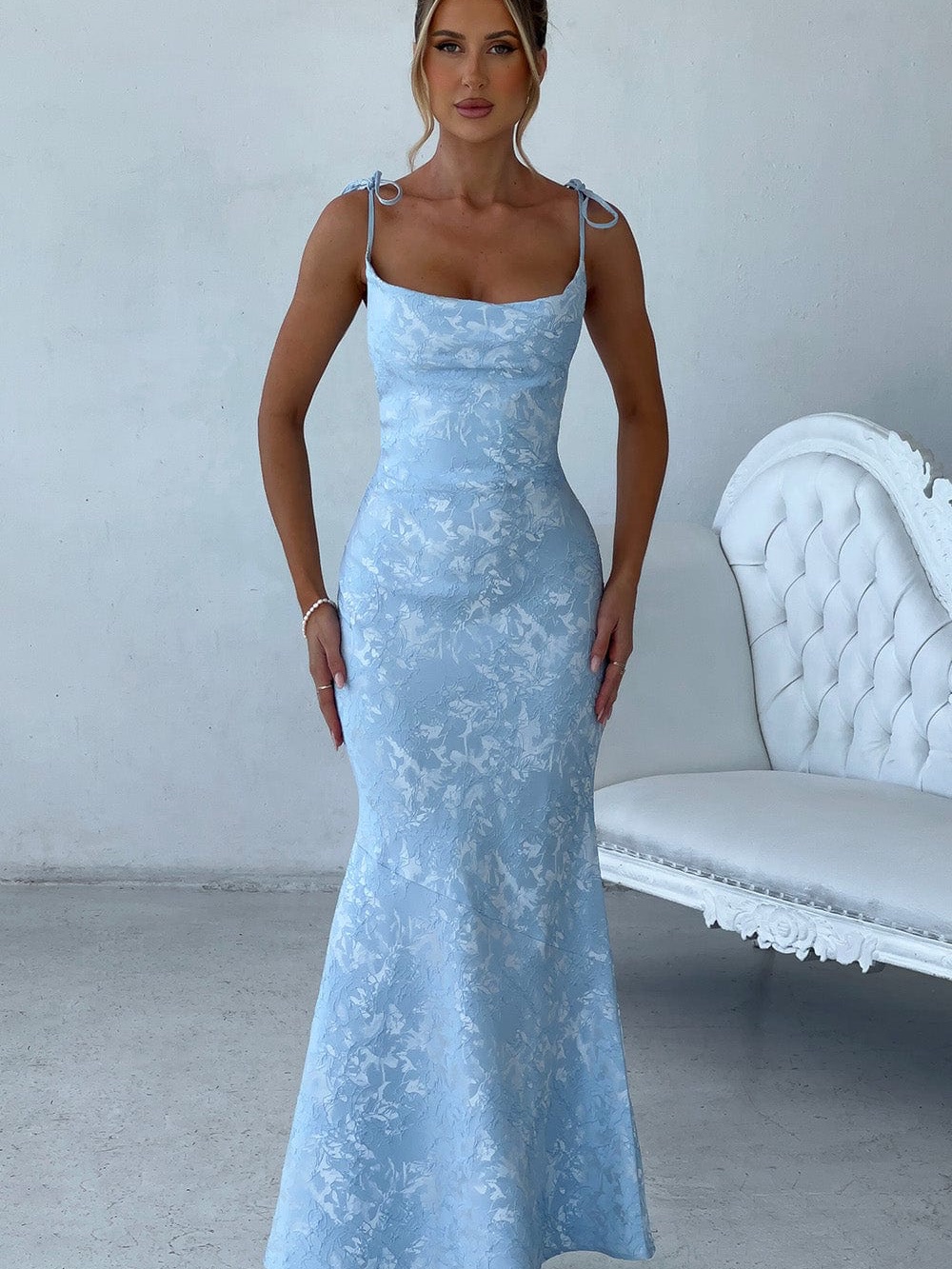 New Babyboo Elegant Light Blue Floral Tie-Shoulder Maxi Dress Small